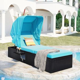 76.8" Long Reclining Single Chaise Lounge with Cushions; Canopy and Cup Table; Black Wicker+Blue Cushion