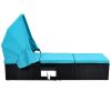 76.8" Long Reclining Single Chaise Lounge with Cushions; Canopy and Cup Table; Black Wicker+Blue Cushion