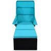 76.8" Long Reclining Single Chaise Lounge with Cushions; Canopy and Cup Table; Black Wicker+Blue Cushion