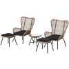 Outdoor Patio 5-Piece Rattan Conversation Set, PE Wicker Arm Chairs with Stools and Tempered Glass Tea Table for Balcony, Natural Rattan+Dark Gray