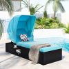 76.8" Long Reclining Single Chaise Lounge with Cushions; Canopy and Cup Table; Black Wicker+Blue Cushion