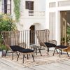 Outdoor Patio 5-Piece Rattan Conversation Set, PE Wicker Arm Chairs with Stools and Tempered Glass Tea Table for Balcony, Natural Rattan+Dark Gray