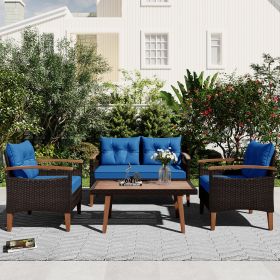 4-Piece Garden Furniture; Patio Seating Set; PE Rattan Outdoor Sofa Set; Wood Table and Legs; Brown and Beige (Color: Blue)