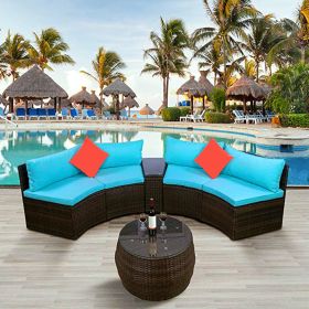 4-Piece Patio Furniture Sets;  Outdoor Half-Moon Sectional Furniture Wicker Sofa Set with Two Pillows and Coffee Table (Color: Blue)