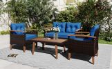 4-Piece Garden Furniture;  Patio Seating Set;  PE Rattan Outdoor Sofa Set;  Wood Table and Legs;  Brown and Beige