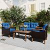 4-Piece Garden Furniture;  Patio Seating Set;  PE Rattan Outdoor Sofa Set;  Wood Table and Legs;  Brown and Beige