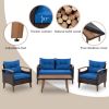 4-Piece Garden Furniture; Patio Seating Set; PE Rattan Outdoor Sofa Set; Wood Table and Legs; Brown and Beige